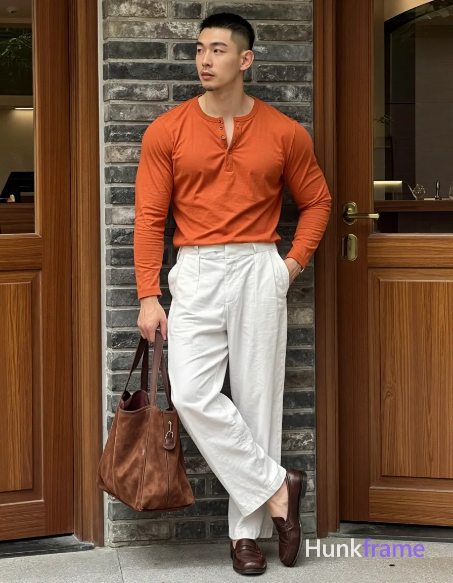 Asian man with short buzz cut and minor chin stubble stands in relaxed contrapposto, weight on right leg, left knee lifted; He wears a long-sleeve burnt orange henley buttoned to mid-chest over wide-leg white cotton trousers and brown leather loafers; His right hand grips the handle of a brown suede tote bag at hip level while his left hand is inserted into the front trouser pocket; Neutral expression with focused gaze directed leftward off-camera, leaning against a dark brick corner between two wooden doors in an outdoor entryway; sculpted natural daylight emphasizing fabric drape and musculature, shot on iPhone 15 Pro main camera, authentic smartphone computational photography, natural Smart HDR, vertical 9:16 Xiaohongshu lifestyle post, bright clean gym or cafe scene, wardrobe matching reference outfit, confident everyday blogger pose, phone photo with natural grain; single clean uninterrupted photograph with a cohesive editorial composition and plain continuous surrounding surfaces