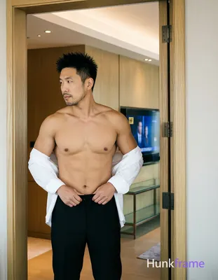 Asian man with short spiky black hair, light-medium skin tone, clean-shaven chin and upper lip with 