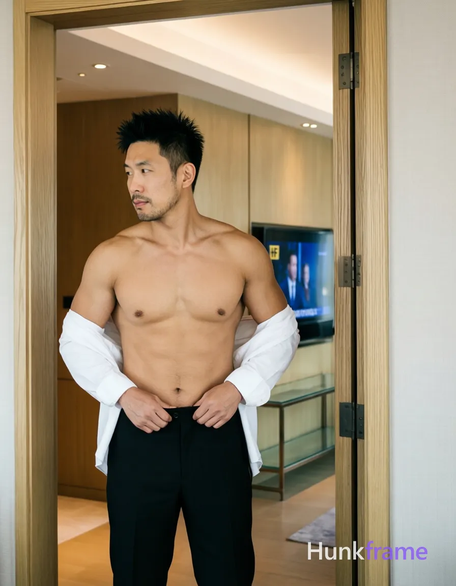 Asian man with short spiky black hair, light-medium skin tone, clean-shaven chin and upper lip with light jawline stubble; Shirtless torso displaying defined collarbones and visible abdominal musculature stands upright in a doorway frame, torso angled slightly leftward; He grips the waistband of his black tailored trousers at hip level with both hands as if adjusting them while sleeves are rolled to forearm on a white long-sleeve button-up shirt held off-body or implied by context; Full-body shot from head to mid-thighs framed between wooden sliding doors, partially obscured by doorframe on right side within a luxury hotel room interior featuring light wood paneling and glass TV console displaying HF broadcast; Soft ambient indoor lighting with recessed ceiling spotlights casting even illumination over clean lines and minimalist decor for high-end hospitality aesthetic; FULL GARMENT TEXT REPLACEMENT: remove every source garment word, sentence, slogan, logo, and partial brand spelling from every existing print area, then replace those source marks with only the wordmark, spelled exactly "HF"; This is; single clean uninterrupted photograph with a cohesive editorial composition and plain continuous surrounding surfaces