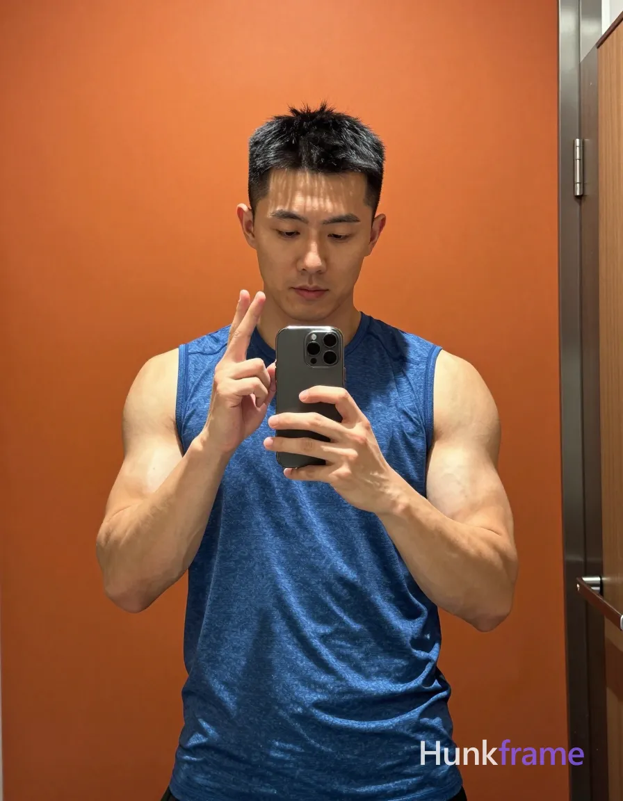 Asian man with short black hair and clean-shaven face, standing facing a bathroom mirror; He wears a blue sleeveless athletic shirt covering his torso and shoulders, revealing very muscular biceps and triceps; His right hand holds a smartphone at chest level to take the photo while his left hand makes an open-fingered gesture near his cheek; The composition is vertical portrait 13:19 with head-to-waist framing; he occupies center-left of the frame against a solid orange wall, partially cut off by the mirror edge on the right; Soft frontal lighting emphasizes muscle definition, shot on iPhone 15 Pro main camera, authentic smartphone computational photography, natural Smart HDR, vertical 9:16 Xiaohongshu lifestyle post, bright clean gym or cafe scene, wardrobe matching reference outfit, confident everyday blogger pose, phone photo with natural grain, phone held naturally in one hand for selfie, phone visible in frame; single clean uninterrupted photograph with a cohesive editorial composition and plain continuous surrounding surfaces