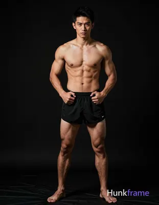 Asian man with medium-dark skin and short black hair stands shirtless in a full-