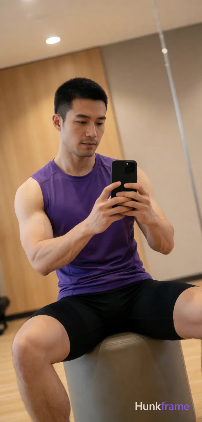Asian man with short black buzz cut and light stubble sits centered in a gym mirror reflection on a cylindrical ottoman, right leg bent foot resting on left knee; He wears a tight purple sleeveless athletic tank top exposing chest hair and abdomen over broad shoulders and thick thighs, paired with mid-thigh black compression shorts; Holding a black smartphone with both hands to capture the view, thumbs poised for interaction under soft ambient indoor lighting from overhead fixtures against light wood paneling and beige walls; Slightly tilted angle portrait composition emphasizing defined pectorals and muscular calves in confident casual mood; single clean uninterrupted photograph with a cohesive editorial composition and plain continuous surrounding surfaces