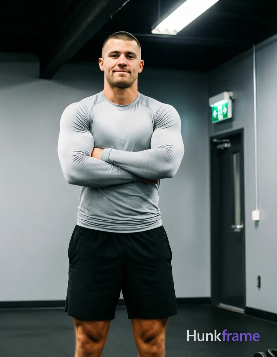 an anonymous figure man with light-medium skin and short black buzz cut stands upright facing forward, arms crossed tightly over chest showing defined pectorals and abdominal definition; He wears a fitted light gray long-sleeve compression-style athletic shirt revealing muscle structure paired with black athletic shorts ending mid-thigh; The setting is an indoor gym or fitness facility with plain gray walls, dark ceiling beams, fluorescent lighting fixtures overhead, and a green emergency exit sign mounted above the door on right side of frame; Overhead artificial fluorescent lights create even illumination across his body with soft shadows under arms and along torso contours indicating directional light source from above; Full-body shot including feet, torso, upper legs down to knees centered horizontally and vertically within 13:19 vertical portrait orientation occupying approximately 60% of vertical height from floor to ceiling line visible above head; Clean composition minimalist aesthetic fitness-oriented photography style naturalistic lighting without heavy post-processing effects confident athletic focused masculine mood; FULL TEXT REPLACEMENT: remove every original source word; single clean uninterrupted photograph with a cohesive editorial composition and plain continuous surrounding surfaces