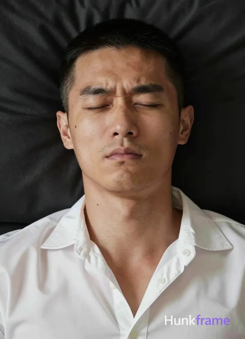 Flat-color graphic poster of exactly 1 adult man. Man 1: East Asian, light to medium tan with natural texture and pores visible under soft lighting, oval with defined jawline, short buzz cut, black, straight texture, even length all around, light stubble on chin and jawline, sparse mustache area, clean-shaven cheeks, small mole on left cheek near eye corner. Man 1 has fully exposed eyes, eyebrows, temples and nose bridge. Lean East Asian build with light tan skin texture, visible pores under soft directional lighting. Lying supine on back with head tilted left while grimacing tightly shut eyes in a groan. White satin button-down shirt featuring wide collar, deep V-neck exposing upper chest only. Vertical 13:19 portrait close-up crop centered from shoulders up to forehead against dark fabric background. Indoor bedroom environment with black textile pillow or bedding creating intimate minimalist composition. Soft front-left light casting subtle shadows on right face and neck for dramatic chiaroscuro effect