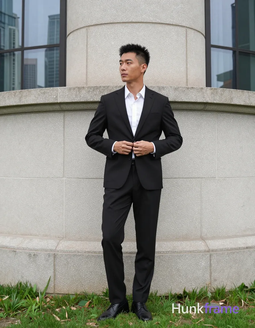 Asian man with light to medium tan skin and short textured black hair styled upward, clean-shaven face standing upright against a curved stone building; He wears a black two-piece suit over a white collared dress shirt with top buttons undone at the neck left hand in pants pocket right hand adjusting suit jacket button near waistline full-body shot from head to shoes centered vertically leaning slightly against building corner occupies central third frame horizontally outdoor urban environment daylight soft shadows diffused conditions green lawn base modern glass skyscraper background fine-art photography aesthetic fashion editorial composition polished confident urban sophistication candid lifestyle scene; single clean uninterrupted photograph with a cohesive editorial composition and plain continuous surrounding surfaces