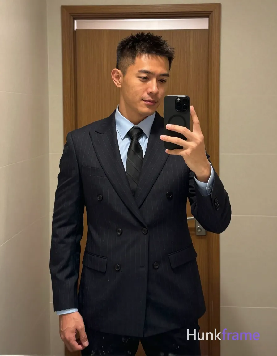 Asian man with short textured dark crop hair and clean-shaven face stands upright in a mirror reflection, holding black MagSafe smartphone to capture selfie; He wears a dark navy pinstripe double-breasted suit jacket over matching vest and light blue dress shirt collar with black striped tie knotted neatly at neck; Slim build physique visible from mid-thigh up; Indoor room setting with beige walls and wooden door frame behind him under soft ambient lighting reflecting in upper doorway glass panel; Polished, confident mood captured on 832x1216 canvas, same aesthetic theme and photo feel as the reference but a different man in a different pose with distinct body proportions, Filipino man, golden brown skin, warm smile lines, compact muscular build; single clean uninterrupted photograph with a cohesive editorial composition and plain continuous surrounding surfaces
