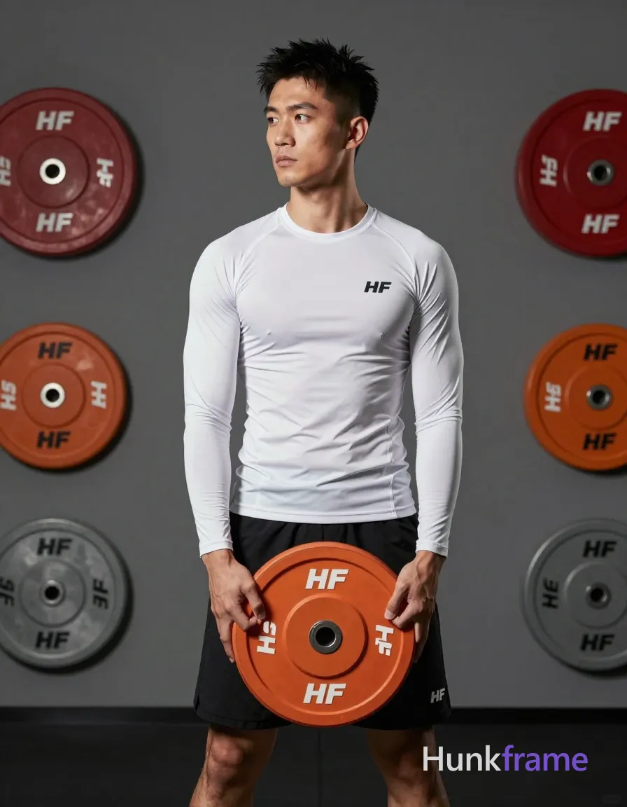 Asian man with light-medium skin, short black textured hair and faded sides, clean-shaven face, neutral serious gaze directed leftward; He stands upright in a lean muscular build holding an orange 10kg HF weight plate at waist level with both hands; Wearing a white long-sleeve compression athletic top with subtle chest paneling and small logo on the left chest; black mid-thigh shorts with a small white logo on the lower right leg; Full body shot from head to knees centered against an indoor gym background featuring gray walls and mounted red, orange, and silver HF weight plates; Soft directional lighting from front-left casts subtle shadows emphasizing torso definition; Slightly elevated camera angle captures physique details in sharp focus within a vertical 13:19 portrait composition; FULL GARMENT TEXT REPLACEMENT: remove every source garment word, sentence, slogan, logo, and partial brand spelling from every existing print area, then replace those source marks with only the wordmark, spelled exactly "HF"; This is replacement, Repeated "HF" marks are allowed only where; single clean uninterrupted photograph with a cohesive editorial composition and plain continuous surrounding surfaces