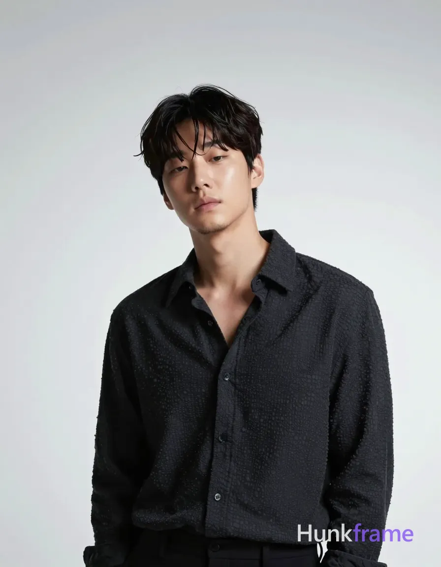 Korean man with dark tousled fringe and clean-shaven jaw, wearing a textured dark collared shirt unbuttoned at the neck to expose upper chest; He stands in a static pose with head tilted slightly down against a plain white gradient studio backdrop; Soft directional key light from front-left creates gentle shadows on his face while subtle rim lighting highlights hairline and shoulders, emphasizing the lean build visible through collarbones; single clean uninterrupted photograph with a cohesive editorial composition and plain continuous surrounding surfaces