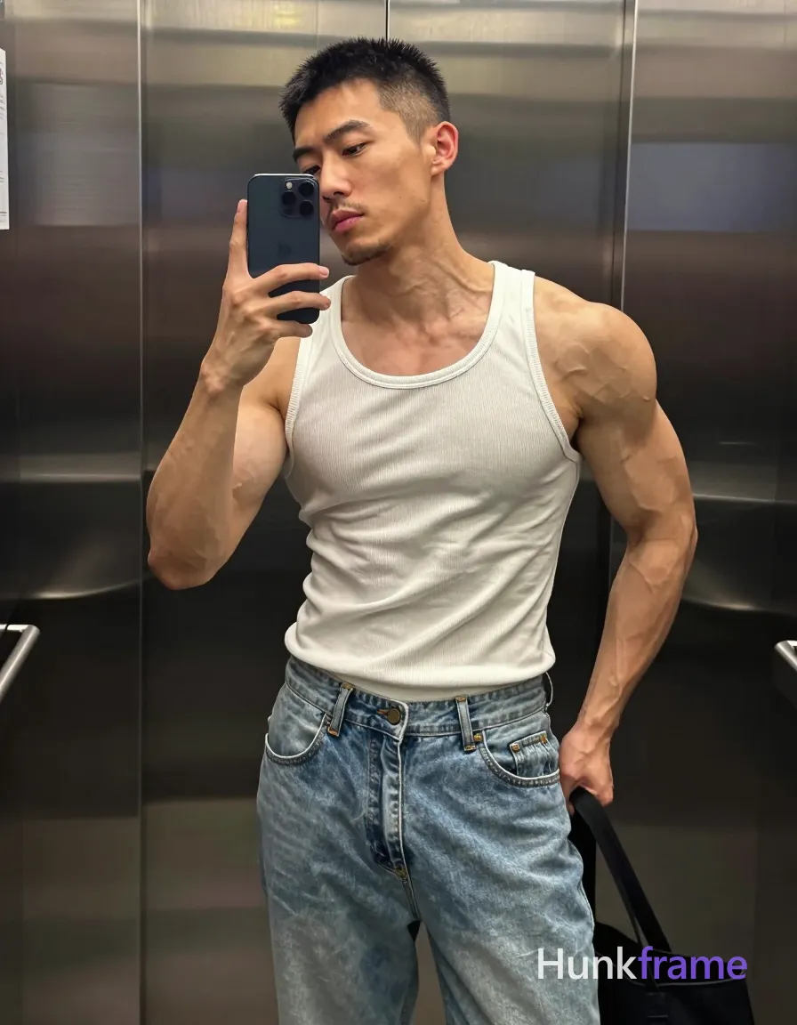 Asian man with short black buzz cut and slight upper lip stubble, highly muscular build with prominent arm vascularity; Standing upright facing slightly left in an elevator mirror reflection, right hand holding dark blue smartphone against cheek for selfie, left hand gripping black tote bag handle at hip level; Wearing white ribbed muscle tank top exposing bare shoulders and deltoids, light-wash denim jeans with button fly; Vertical full-body crop from head to mid-thighs; Soft ambient indoor lighting highlights skin texture on brushed stainless steel walls; Naturalistic smartphone color grading, confident homoerotic aesthetic; single clean uninterrupted photograph with a cohesive editorial composition and plain continuous surrounding surfaces