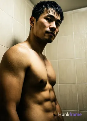 Asian man with short black hair slightly wet and glistening, clean-shaven smooth chin in bold flat-c