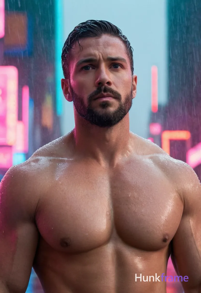 A muscular man with short dark hair, a beard, and serious expression stands confidently in the neon-lit rain of a futuristic city. The scene features towering buildings, holographic advertisements, and wet streets reflecting vibrant pink and blue hues from artificial lights. His shirtless body is visible through the falling raindrops, showcasing his defined abs and biceps. The lighting is dramatic with stark contrasts between bright neon colors and dark shadows, creating an intense and homoerotic mood. 1080:1529 vertical portrait orientation, full body shot including legs