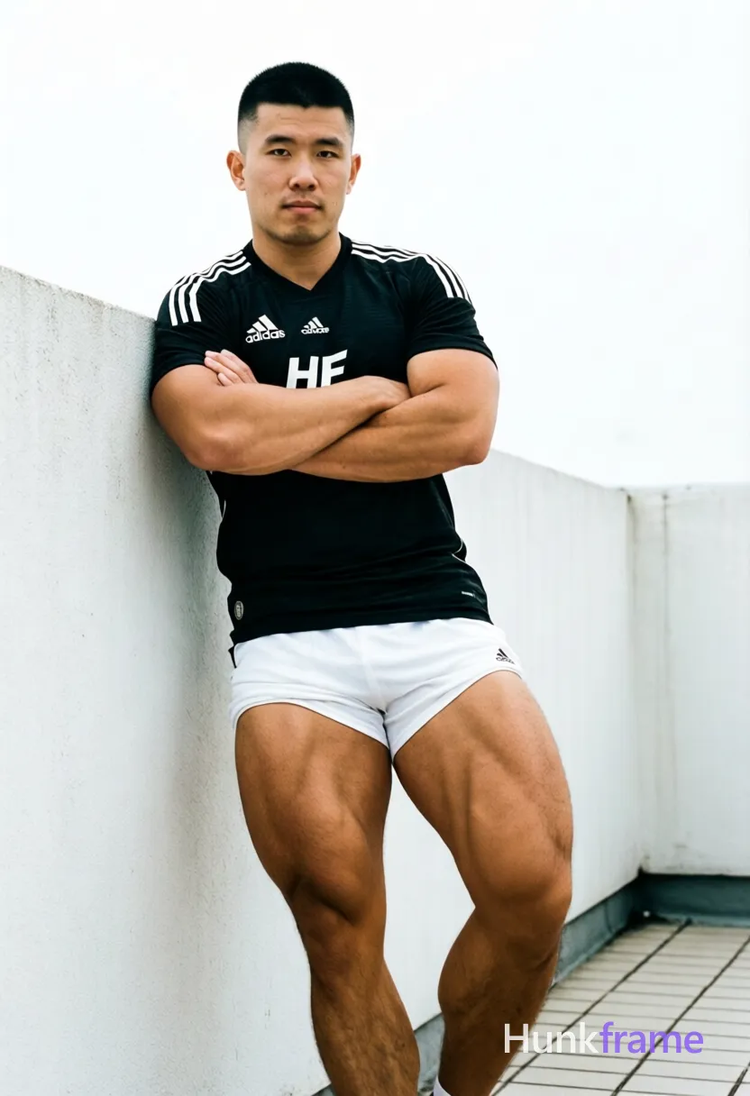 Asian man with short black buzz cut and clean-shaven face, light-medium skin standing against a white concrete rooftop corner. He wears a fitted black an anonymous figure jersey with white Adidas stripes and 'HF' text over thick muscular legs showing defined quadriceps and hamstrings in white athletic shorts. Arms crossed tightly over chest, weight shifted to left leg on tiled floor under bright diffused daylight. Vertical 13:19 crop focusing full body from head to feet with slight upward angle against minimalist high-contrast background. FULL GARMENT TEXT REPLACEMENT: remove every source garment word, sentence, slogan, logo, and partial brand spelling from every existing print area, then replace those source marks with only the wordmark, spelled exactly "HF". This is replacement, never addition: no original source letters may remain beside or behind it. Repeated "HF" marks are allowed only where the source garment already had printed text; preserve appropriate placement, typography, color, and scale. No other visible text, logo, caption, username, hashtag, comment, watermark, or UI chrome., a single uninterrupted photograph only, no written words or typography anywhere in frame, no captions, no app UI, no social-media post layout, no screenshot borders