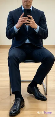 Adult masculine man with light-medium skin seated on a chair with metal legs and black cushion, left