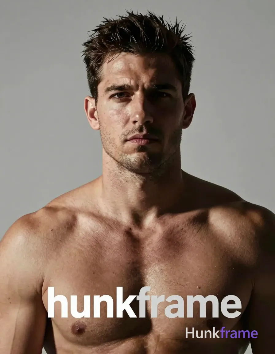 A stocky adult man with light to medium skin, dark brown short textured hair styled upward, and short stubble on his jawline. He is shirtless, exposing broad shoulders, defined collarbones, visible pectoral muscles, chest, neck, and collarbones in a head-and-shoulders close-up facing forward with a slight head tilt against a plain light gray studio background. Dramatic directional lighting from upper left casts high contrast shadows on his face and neck within fine-art photography style. The image features the wordmark 'hunkframe' visible as text. Rugged warm confidence, bear energy. Include exactly one visible wordmark, spelled exactly "hunkframe", in the same compositional text position; preserve its appropriate typography and scale. No other visible text, logo, caption, username, hashtag, comment, watermark, or UI chrome., a single uninterrupted photograph only, no written words or typography anywhere in frame, no captions, no app UI, no social-media post layout, no screenshot borders