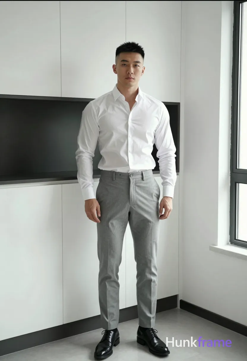 Asian man with short black hair and clean-shaven face, neutral direct gaze standing casually in a modern apartment living room. leaning slightly against white paneled wall near black horizontal accent strip. Wearing white long-sleeve button-up shirt collar open, light grey tailored trousers, black socks, black leather dress shoes. Fully clothed adult lean build physique. Natural window lighting from right side creating soft shadows on left wall and floor. Clean lines, high contrast between black/white elements, sharp focus, vertical social-feed composition with candid lifestyle vibe., same aesthetic theme and photo feel as the reference but a different man in a different pose with distinct body proportions, Scandinavian man, very fair skin, ice blue eyes, Viking-broad shoulders lean waist, a single uninterrupted photograph only, no written words or typography anywhere in frame, no captions, no app UI, no social-media post layout, no screenshot borders