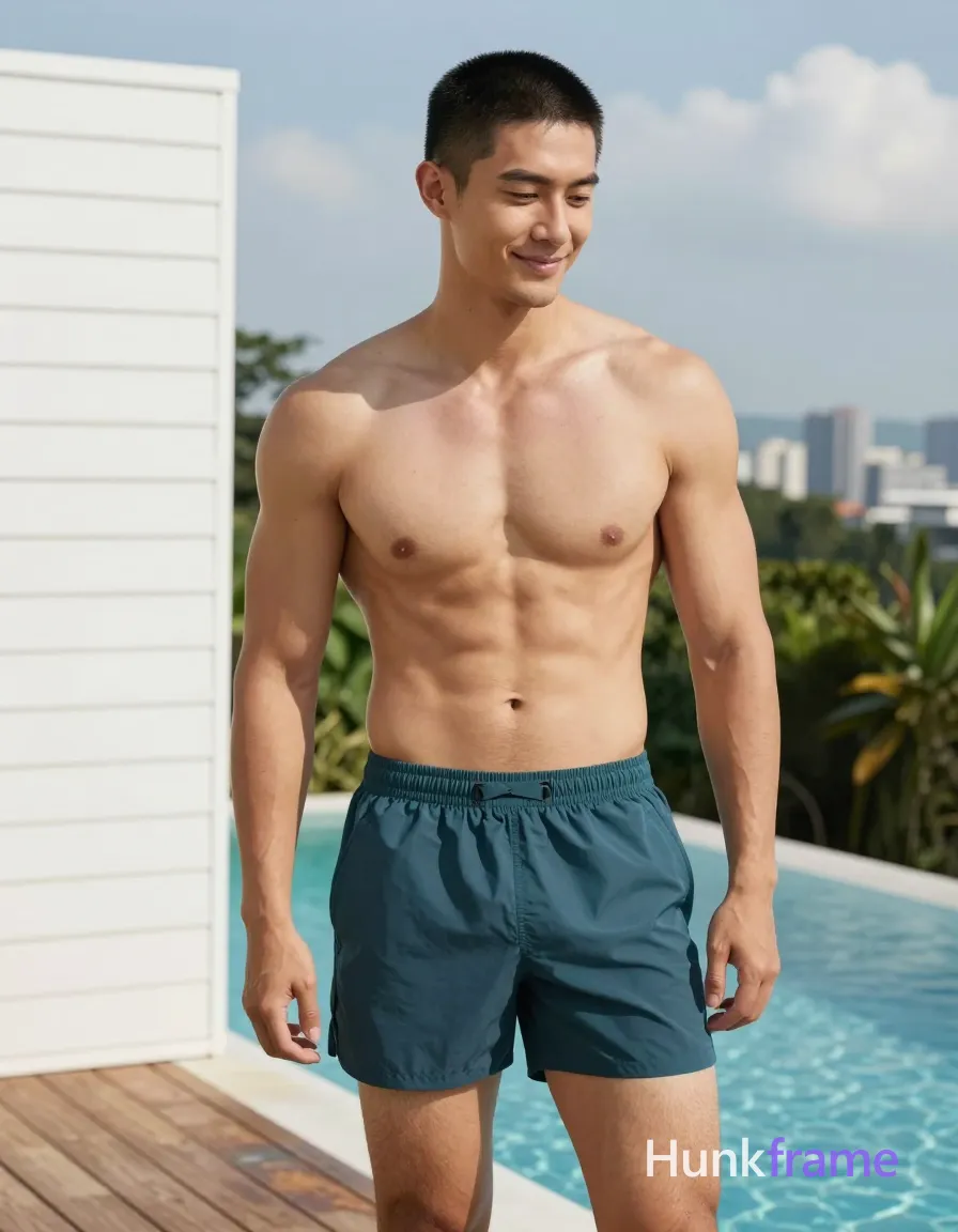 Asian man with short black buzz cut and clean-shaven face, light tan skin smiling gently while looking downward to the side; Standing upright beside a swimming pool on a wooden deck, body angled slightly toward camera but head turned rightward with downcast gaze; Shirtless adult male wearing dark teal or grey swim trunks with elastic waistband and side pockets; bare chest showing broad shoulders, defined pectorals, visible abdominal muscles, and thick thighs; Portrait framing from mid-thigh up to skyline against a white slatted wall on the left and green foliage behind blue water under partly cloudy sky; Bright natural daylight creates soft shadows emphasizing sculpted masculine form in fine-art photography with premium fashion editorial aesthetic; single clean uninterrupted photograph with a cohesive editorial composition and plain continuous surrounding surfaces