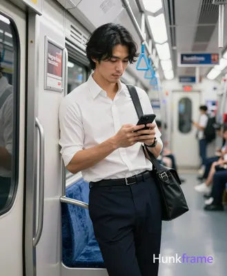 Asian man with light-medium skin, black medium-length layered hair with side-swept bangs, clean-shav