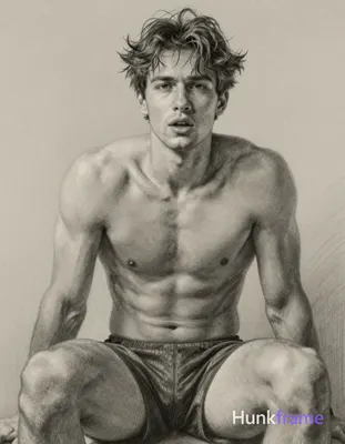 pencil sketch of a handsome masculine man with tousled hair, shirtless, head tilted slightly forward
