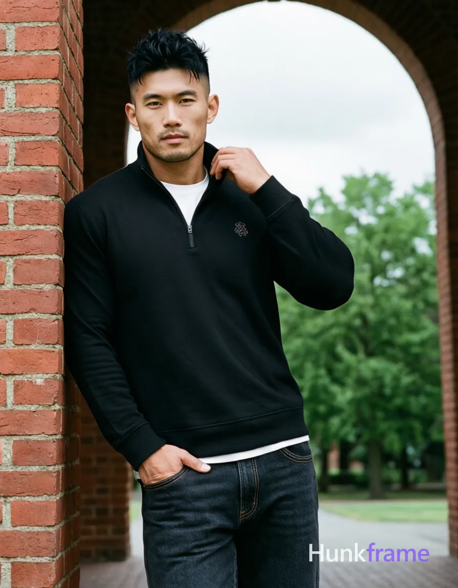 Asian man, light-medium skin, short textured black hair styled upward at the crown with tapered sides and slight flyaways, clean-shaven smooth chin; Standing upright leaning against a red brick pillar on his right side, left hand resting near hip pocket, right hand adjusting collar of black long-sleeve quarter-zip pullover with small embroidered logo on left chest; White crew-neck undershirt visible at neckline and hemline covering upper chest below neck but not the full torso; dark wash denim jeans with visible stitching along front seams from head to mid-thighs; Full-body shot vertical portrait orientation, center-left framed between brick pillar and open archway revealing green trees under overcast sky; Soft diffused daylight highlighting fabric texture and facial structure; Clean composition with strong architectural lines framing subject; Muscle bear aesthetic focusing on rugged warm confidence and lean build with defined shoulders; single clean uninterrupted photograph with a cohesive editorial composition and plain continuous surrounding surfaces