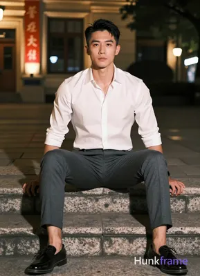 Asian man with short black straight side-parted hair and clean-shaven neck, neut