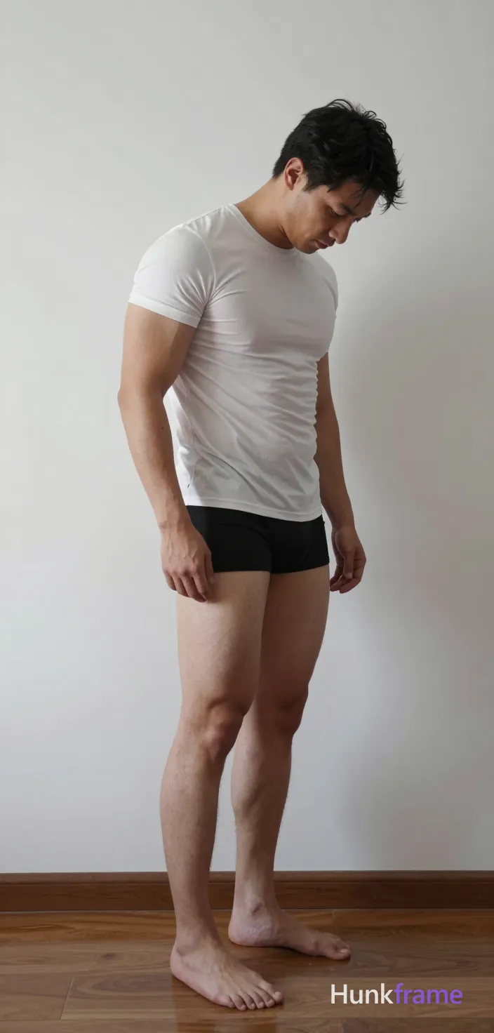 An athletic man with light-medium skin and short dark hair stands sideways in a vertical full-body shot, leaning forward with forehead pressed against a plain white wall. His arms hang loosely at sides while he is barefoot on light wood flooring. He wears a white short-sleeve t-shirt fully covering torso over black briefs. Soft directional indoor lighting from front-left highlights his muscular build, thick thighs, and defined calves within the minimalist interior setting., a single uninterrupted photograph only, no written words or typography anywhere in frame, no captions, no app UI, no social-media post layout, no screenshot borders