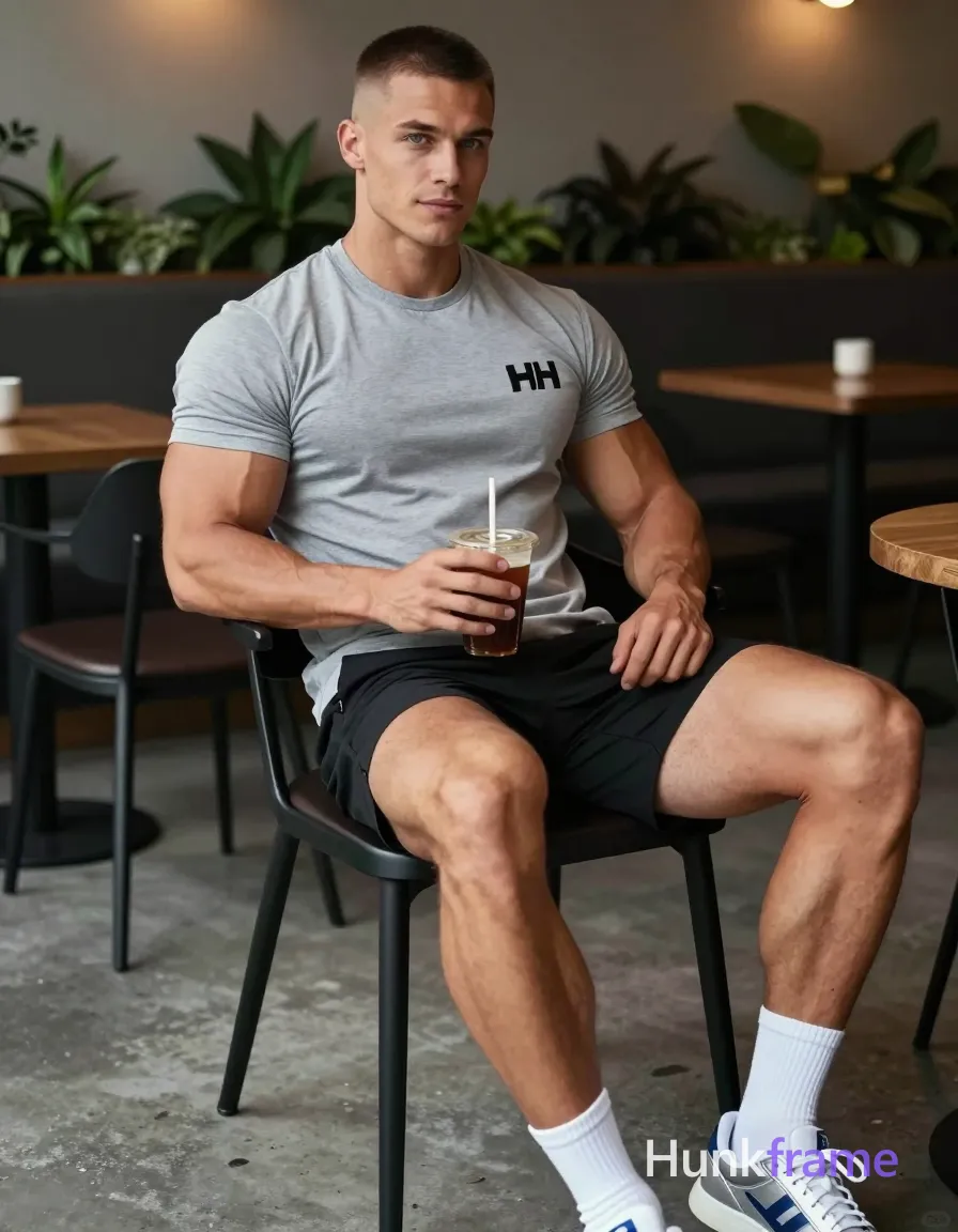 an anonymous figure man with light medium tan skin, short black buzz cut faded sides, clean shaven face neutral slight smile seated sideways on black chair; Broad shoulders defined pectorals thick thighs toned calves holding clear plastic cup dark iced beverage straw right hand left leg extended forward slightly elevated feet visible bottom edge wearing light gray short-sleeve t-shirt graphic print chest HH logo left sleeve black athletic shorts mid-thigh white socks silver-blue sneakers modern café concrete flooring greenery background soft ambient indoor lighting sharp focus natural skin texture vertical portrait fine-art photography dramatic sculpted poses homoerotic aesthetic premium fashion editorial, same aesthetic theme and photo feel as the reference but a different man in a different pose with distinct body proportions, Scandinavian man, very fair skin, ice blue eyes, Viking-broad shoulders lean waist; single clean uninterrupted photograph with a cohesive editorial composition and plain continuous surrounding surfaces