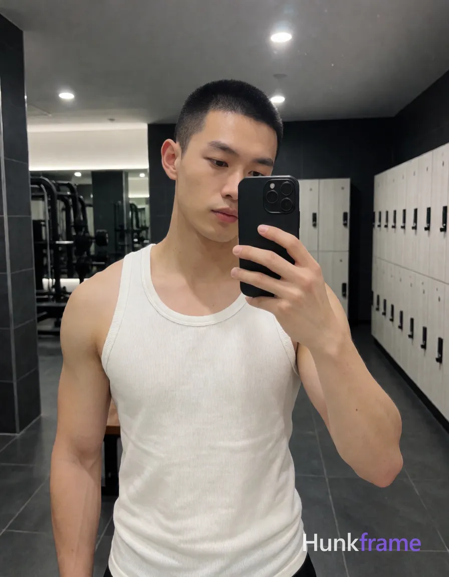 an anonymous figure man with short buzz cut and clean-shaven face, shirtless wearing white ribbed cotton tank top over bare chest to mid-hip; Standing casually in a modern gym locker room near dark gray tiled flooring and wall-mounted lockers instead of seated on chair; Legs spread slightly wide apart displaying thick quads with visible vein patterns on calves; Right hand holds black smartphone at eye level for mirror selfie capture, left arm relaxed by side; Overhead recessed LED lighting casting even illumination across face and upper body; High-resolution smartphone photography, shallow depth of field blurring distant weight rack equipment in reflection; Natural skin tones preserving pores and fine hairs, shot on iPhone 15 Pro main camera, authentic smartphone computational photography, natural Smart HDR and true-to-life skin texture, vertical 9:16 Xiaohongshu lifestyle feed, bright clean everyday scene, unretouched phone photo with subtle sensor grain, trendy Chinese internet 网红 aesthetic, candid influencer energy, phone held naturally in one hand for selfie, phone visible in frame; single clean uninterrupted photograph with a cohesive editorial composition and plain continuous surrounding surfaces