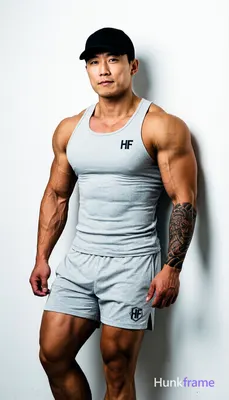 Asian muscular man with short black straight hair and clean-shaven face stands against a plain white