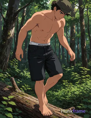 A polished anime-style illustration of a Caucasian man with light medium tan skin balancing on a fal