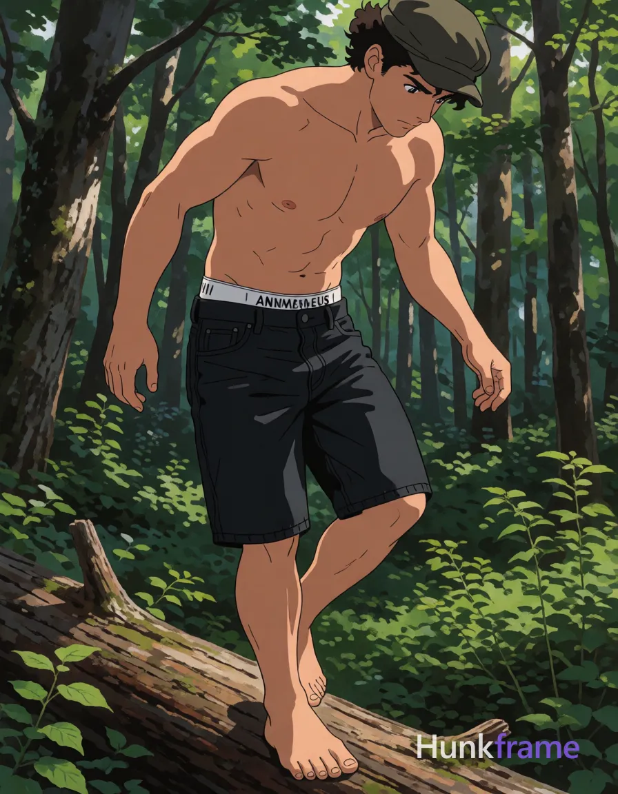A polished anime-style illustration of a Caucasian man with light medium tan skin balancing on a fallen log in a dense forest; He is shirtless, displaying broad shoulders, defined pectorals, six-pack abs, and thick thighs while wearing dark denim shorts with the white an anonymous figure waistband visible above them; His short dark brown hair sits under a cap as he looks downward with focused intensity; The scene features high-quality 2.5D next-gen rendering of his athletic anatomy against green foliage and tall trees, same aesthetic theme and photo feel as the reference but a different man in a different pose with distinct body proportions, Moroccan man, deep tan, dark curls, defined abs natural not exaggerated; single clean uninterrupted artwork with a cohesive composition and plain continuous surrounding surfaces