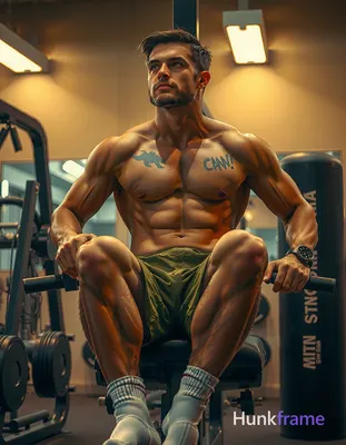 Photoreal photograph of a handsome masculine man, shirtless and seated on a gym 