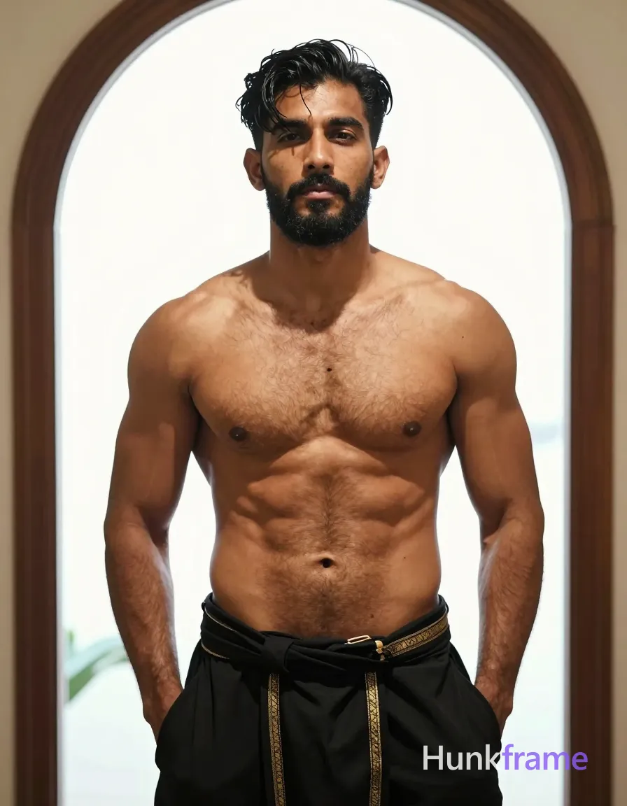 A handsome medium-brown adult man stands frontal with hands in pockets, wearing a black draped lower garment and belt ornament. His dark-black hair is styled back with side-swept bangs, framing full dark beard and mustache while he offers a direct gaze with neutral lips. Shirtless torso reveals muscular chest, defined abdominal muscles, and visible body hair on the skin. Full-body vertical crop from chest to thighs centers him against an arched dark wood frame with bright backlighting creating strong key light from behind above. High-detail portrait photography style emphasizes musculature in dramatic lighting using a black, gold, and skin-tone palette., shot on iPhone 15 Pro main camera, authentic smartphone computational photography, natural Smart HDR and true-to-life skin texture, vertical 9:16 Xiaohongshu lifestyle feed, bright clean everyday scene, unretouched phone photo with subtle sensor grain, trendy Chinese internet 网红 aesthetic, candid influencer energy