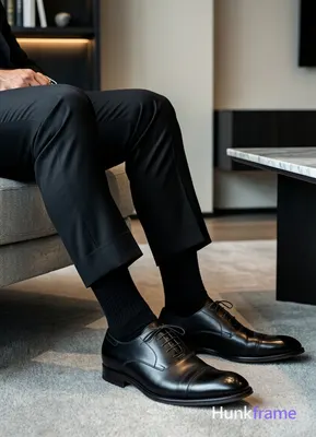 Seated adult man with thick thighs, legs extended forward slightly apart on a grey upholstered surfa