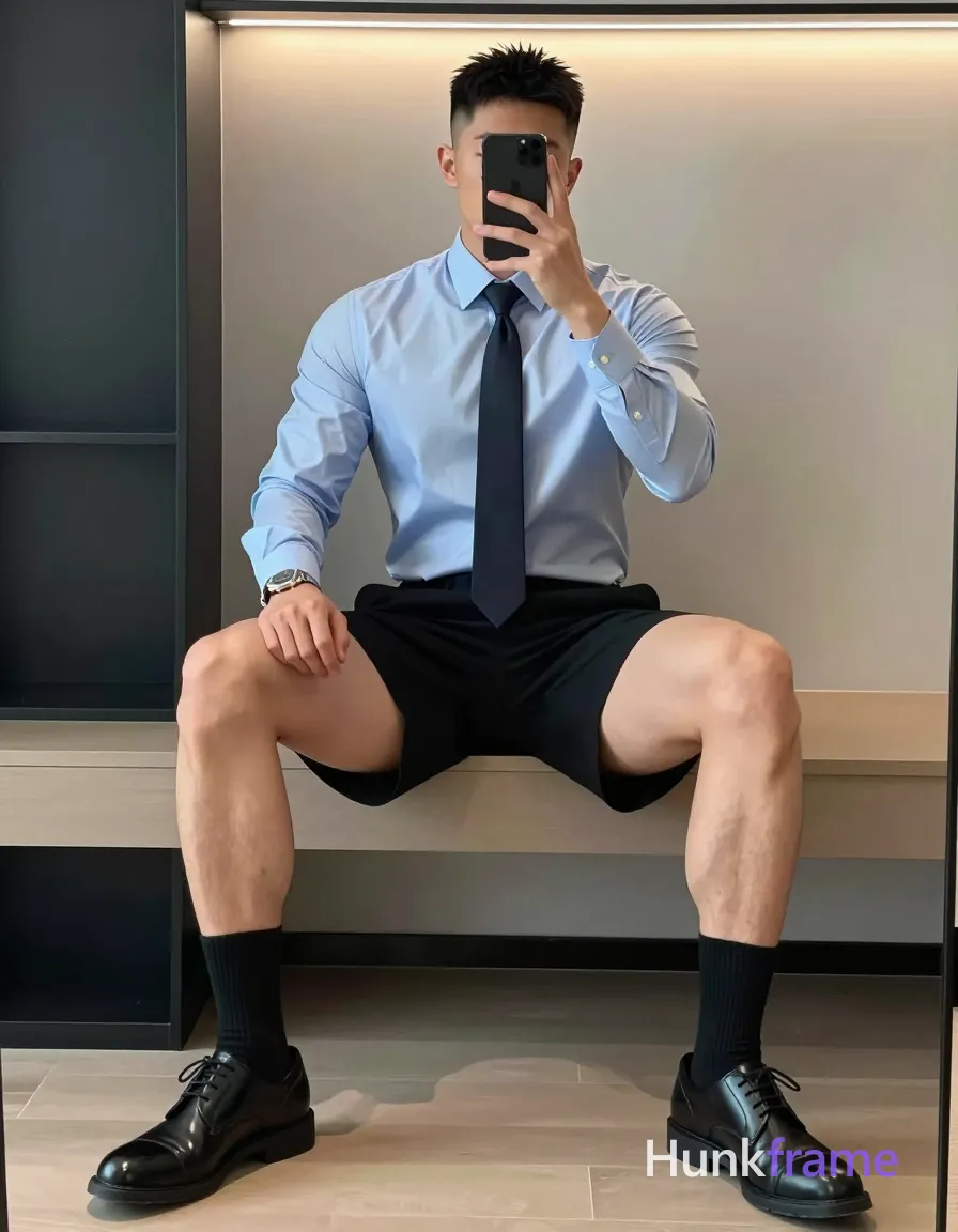 Polished anime style rendering of adult man with short black hair and fade sides seated on light bench, legs spread apart displaying thick thighs. Wearing buttoned light blue long-sleeve dress shirt, dark tie knotted at neck, black mid-thigh shorts, black crew socks, black leather lace-up shoes. Holding phone obscuring face in front of mirror reflection with silver wristwatch visible on left wrist. Modern interior room featuring dark tiled wall to the left and warm accent strip-light above frame. Soft ambient indoor lighting creates clean minimalist aesthetic typical of high-quality character rendering., a single uninterrupted photograph only, no written words or typography anywhere in frame, no captions, no app UI, no social-media post layout, no screenshot borders