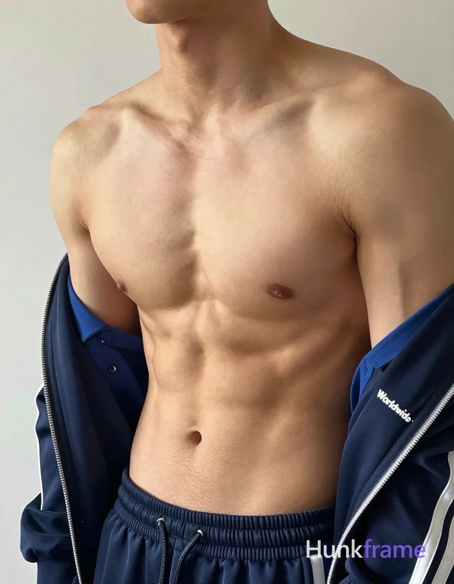 Photoreal photograph of a shirtless man with broad shoulders and defined abs. He is wearing a blue collared shirt underneath a navy blue tracksuit top with white stripes and 'Worldwide' logo. The subject leans forward slightly in a studio setting, showcasing soft lighting and a neutral palette that sets a romantic mood. Crop shows only the torso, with no head visible, maintaining the 3:4 aspect ratio and vertical portrait orientation on an 896x1152 canvas., shot on iPhone 15 Pro main camera, authentic smartphone computational photography, natural Smart HDR and true-to-life skin texture, vertical 9:16 Xiaohongshu lifestyle feed, bright clean everyday scene, unretouched phone photo with subtle sensor grain, trendy Chinese internet 网红 aesthetic, candid influencer energy