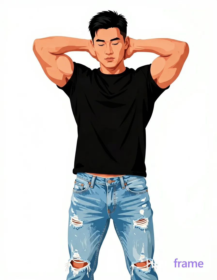 Bold flat-color wall art poster of an adult man with short black hair and defined biceps standing against seamless white background, torso twisted right. He wears a black graphic tee and light blue distressed jeans with rips at thighs, forearms raised clasping hands behind neck obscuring face. High-contrast color blocking defines skin tones and denim blue in mid-thigh up full-body shot. Clean vector lines emphasize confident masculine form without text or logos., wearing underwear or swim trunks, covered genitals, no frontal nudity, a single uninterrupted photograph only, no written words or typography anywhere in frame, no captions, no app UI, no social-media post layout, no screenshot borders
