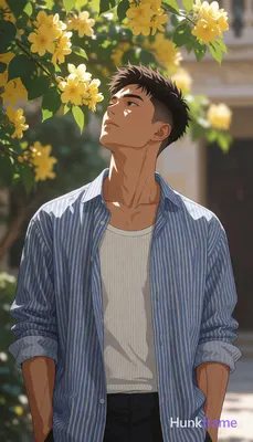Anime illustration of exactly 1 adult man. Man 1: Asian, tanned with sun-kissed 