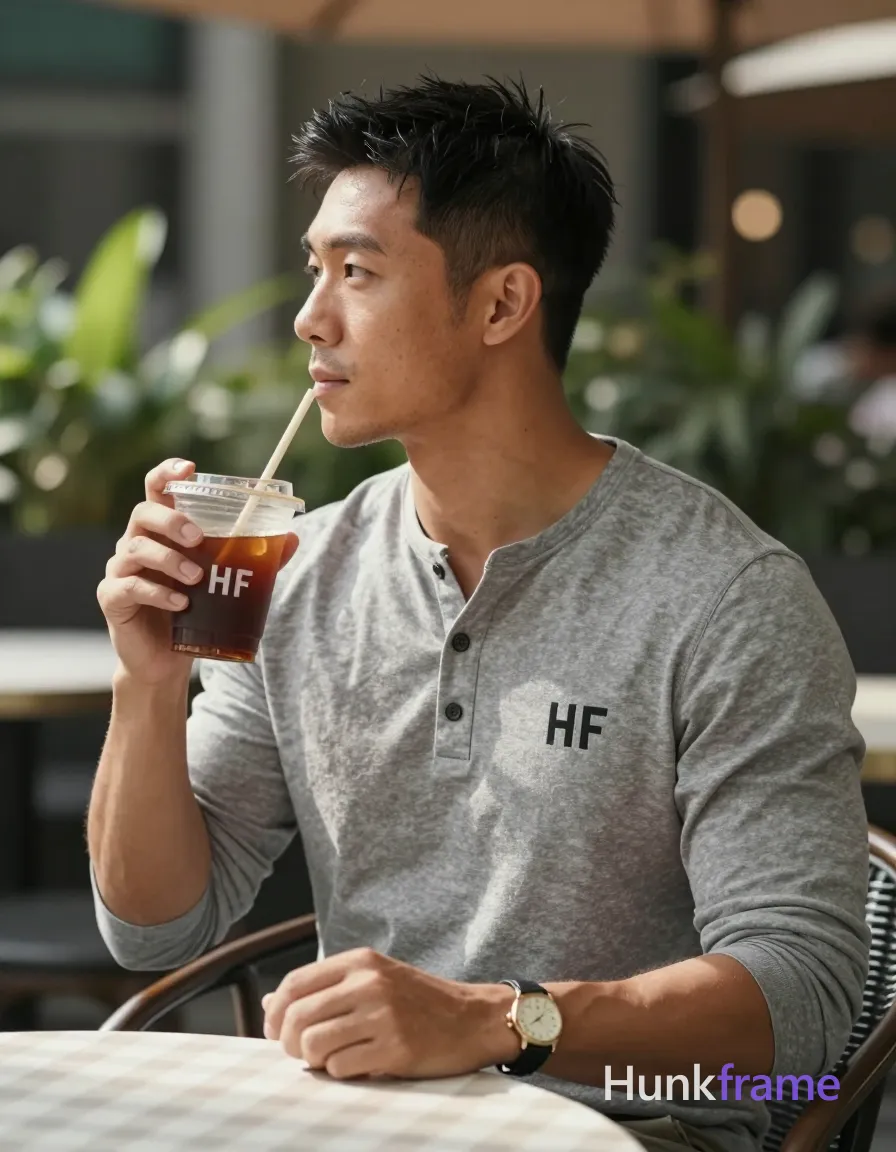 an anonymous figure man with short textured black hair swept forward, clean-shaven face, light to medium tan skin with sun-kissed highlights on shoulders and arms; He sits at an outdoor café table in profile view, body angled right while head turned left looking away from camera; Holding a tall plastic cup of iced coffee with straw in his right hand; left hand rests on lap near wristwatch wearing a grey long-sleeve henley shirt with three-button placket; Waist-up portrait centered composition against blurred greenery and checkered tablecloth under natural sunlight from upper left casting soft shadows; Shallow depth of field, muted earthy palette accented by foliage greens, calm contemplative casual elegance mood; FULL GARMENT TEXT REPLACEMENT: remove every source garment word, sentence, slogan, logo, and partial brand spelling from every existing print area, then replace those source marks with only the wordmark, spelled exactly "HF"; This is replacement, Repeated "HF" marks are allowed only where the source garment already had printed text; preserve appropriate placement, typography, color; single clean uninterrupted photograph with a cohesive editorial composition and plain continuous surrounding surfaces