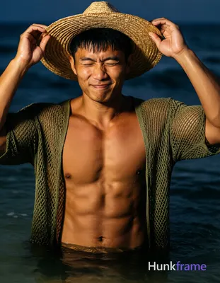 Asian man with tanned skin and short black straight hair stands in shallow water at night, adjusting