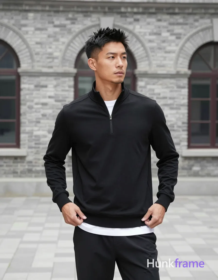 an anonymous figure adult man with light to medium tan skin and short textured black hair styled upward at the crown, clean-shaven chin with light stubble; He stands upright in an outdoor urban courtyard with grey brick arched windows, pulling up a black long-sleeve quarter-zip pullover near his neck while adjusting the hem on his thigh; white crew-neck t-shirt neckline visible underneath; Broad shoulders and defined pectorals exposed artistically mid-thigh; Vertical wall art graphic 13:19, natural daylight soft shadows overcast conditions, clean lines editorial framing minimalist composition; single clean uninterrupted photograph with a cohesive editorial composition and plain continuous surrounding surfaces