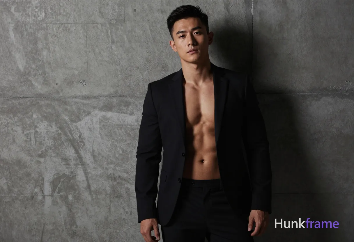 A handsome Asian man with a compact athletic build and well-defined abs, wearing only a black suit jacket left open to reveal his bare chest. He stands confidently against a textured concrete wall, casting dramatic shadows that accentuate his muscular physique while leaving parts of his chest in soft focus. The setting is an indoor studio with high-contrast lighting, emphasizing texture and form. His pose is relaxed yet confident, leaning slightly against the wall with a serious but composed expression. No socks or footwear are visible, keeping the focus on his upper body and athletic build
