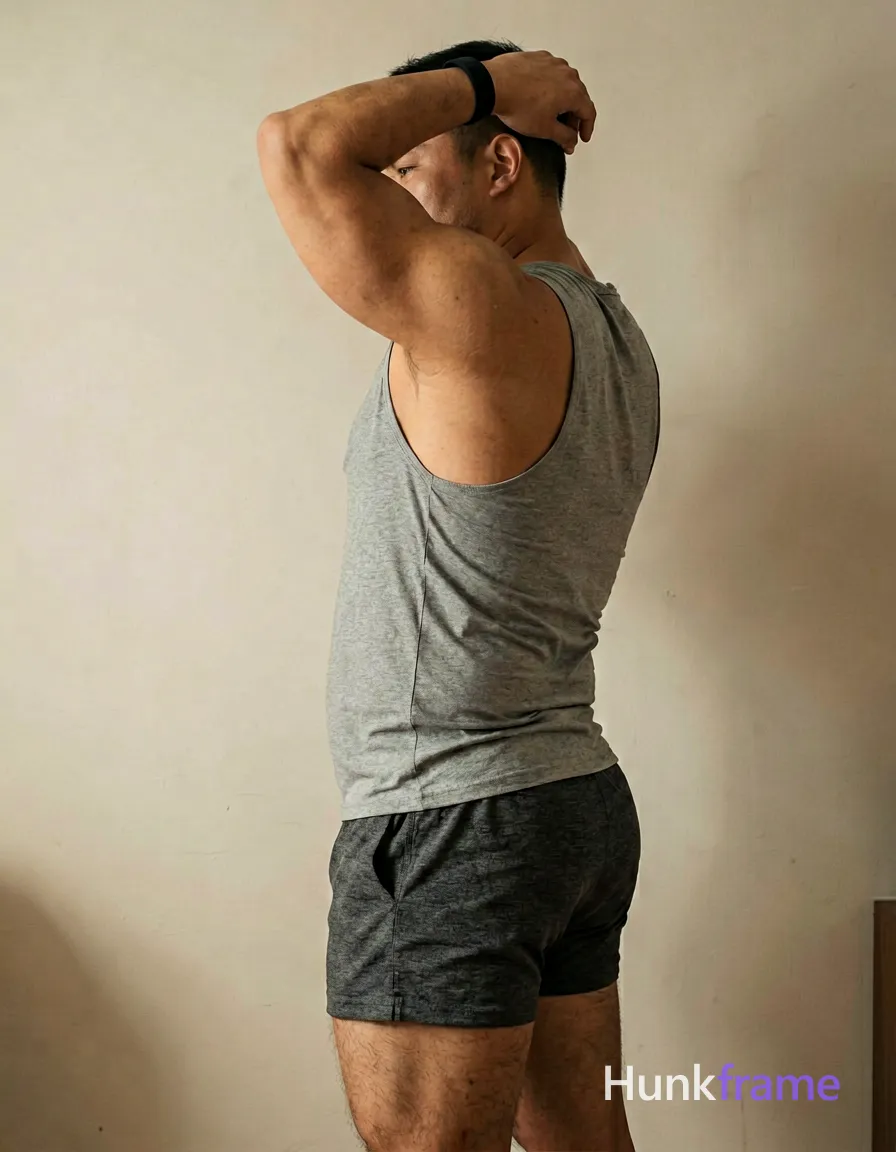 A big hairy stocky masculine man with bear energy, standing in profile with left arm raised behind head and elbow bent while gripping a black wristband near neck. He wears a grey sleeveless tank top covering torso and back paired with dark grey textured shorts. Broad shoulders and meaty chest are emphasized by soft directional indoor lighting against plain light-colored walls. Vertical portrait crop from mid-thighs to upper chest, clean composition focusing on musculature and posture in a rugged warm confidence mood., wearing underwear or swim trunks, covered genitals, no frontal nudity, a single uninterrupted photograph only, no written words or typography anywhere in frame, no captions, no app UI, no social-media post layout, no screenshot borders