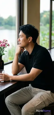 Asian man seated sideways at a dark wooden table in an indoor cafe, lean build w