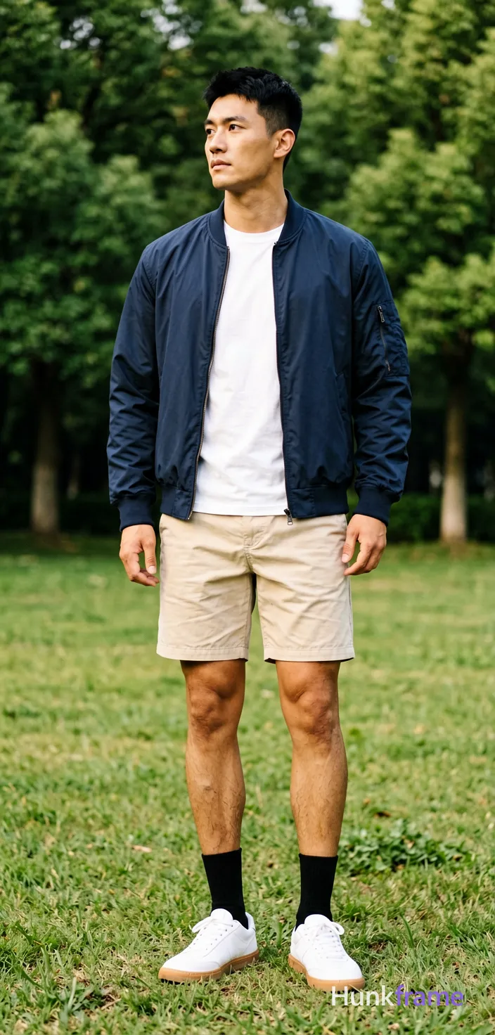 Asian man with short black hair and clean-shaven face stands in full-body vertical portrait on grassy field. He wears a dark navy bomber jacket partially zipped over a white crew-neck t-shirt, light beige shorts ending above knee, black ankle socks, and white sneakers with gum soles. Weight shifts slightly to the right leg while left foot lifts mid-step or rests on heel. Natural daylight illuminates his slim build against dense green trees in background. Centered composition captures neutral expression looking left. Muscle bear aesthetic focusing on rugged warm confidence., wearing underwear or swim trunks, covered genitals, no frontal nudity, a single uninterrupted photograph only, no written words or typography anywhere in frame, no captions, no app UI, no social-media post layout, no screenshot borders