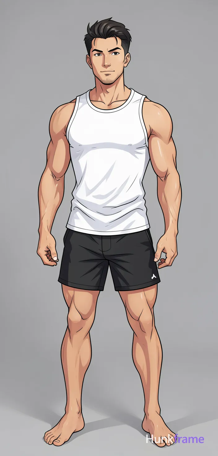 freshly generated candid Xiaohongshu lifestyle photo, brand new full-body composition with a different pose, camera angle and background, both hands relaxed, not a mirror selfie, not a copy of any reference image, white sleeveless tank top (fully covering torso), black athletic shorts ending mid-thigh, broad shoulders, defined pectorals, thick thighs, muscular calves, authentic social-feed lifestyle mood, reference lighting and color treatment: anime illustration style, soft studio lighting on plain gray background, clean lines and smooth shading with stylized muscular anatomy, same aesthetic theme and photo feel as the reference but a different man in a different pose with distinct body proportions, Thai man, smooth tan skin, gentle eyes, slim toned Muay Thai physique, a single uninterrupted photograph only, no written words or typography anywhere in frame, no captions, no app UI, no social-media post layout, no screenshot borders