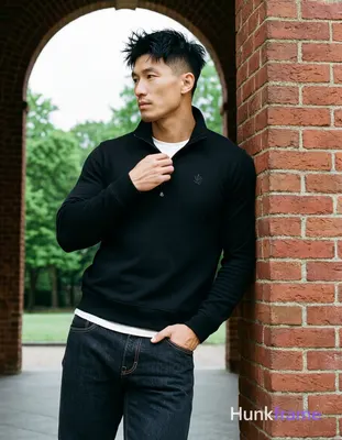 Asian man, light-medium skin, short textured black hair styled upward at the crown with tapered side
