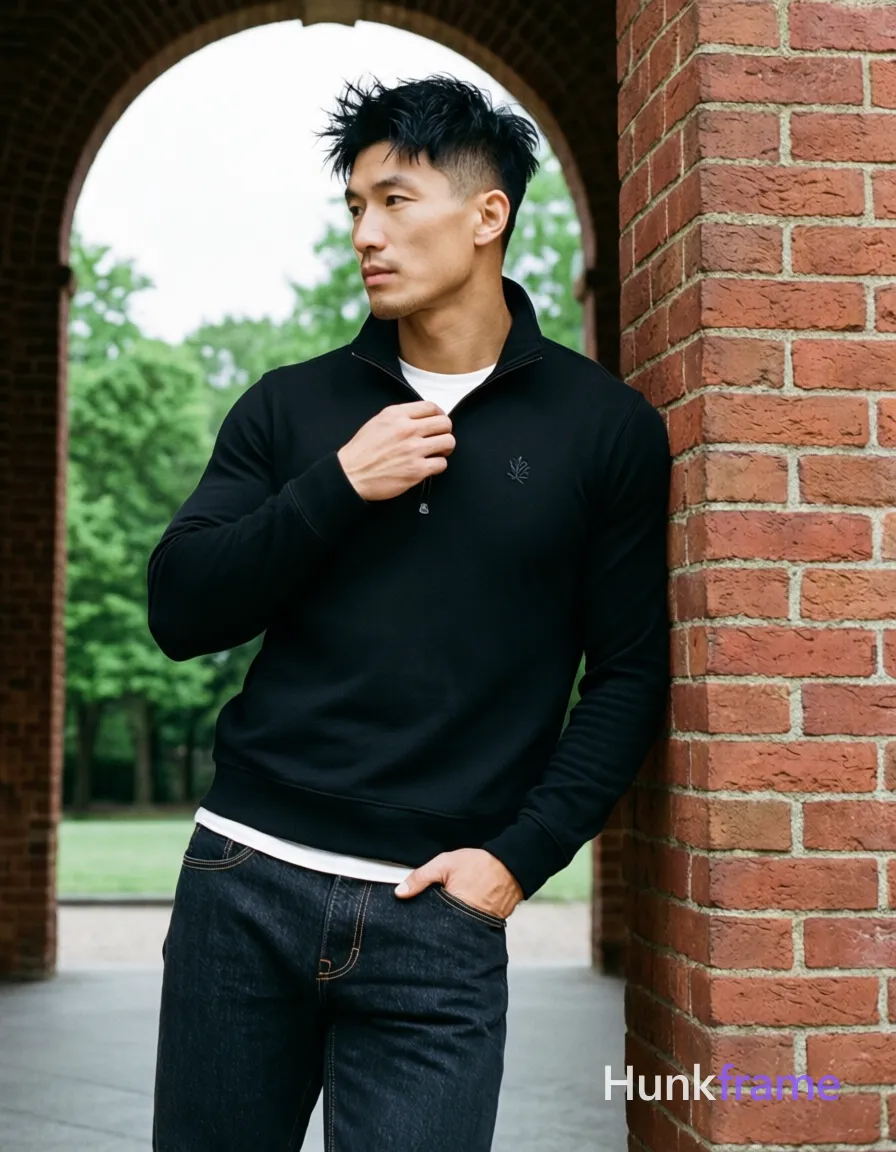 Asian man, light-medium skin, short textured black hair styled upward at the crown with tapered sides and slight flyaways, clean-shaven smooth chin; Standing upright leaning against a red brick pillar on his right side, left hand resting near hip pocket, right hand adjusting collar of black long-sleeve quarter-zip pullover with small embroidered logo on left chest; White crew-neck undershirt visible at neckline and hemline covering upper chest below neck but not the full torso; dark wash denim jeans with visible stitching along front seams from head to mid-thighs; Full-body shot vertical portrait orientation, center-left framed between brick pillar and open archway revealing green trees under overcast sky; Soft diffused daylight highlighting fabric texture and facial structure; Clean composition with strong architectural lines framing subject; Athletic photography style emphasizing defined shoulders and arms in lean build; single clean uninterrupted photograph with a cohesive editorial composition and plain continuous surrounding surfaces