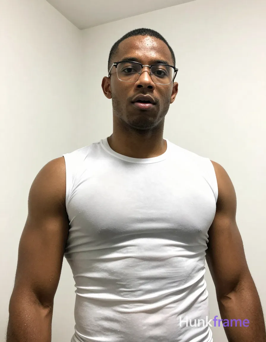 an anonymous figure man with short black buzz cut and metal-framed rectangular glasses, clean-shaven chin with light upper lip stubble; Standing upright facing camera with slight head tilt, mouth slightly parted in neutral surprise; Wearing white sheer an anonymous figure compression shirt revealing broad shoulders, defined pectorals, and abdominal definition through the fabric; Indoor room corner setting with white walls; Low-angle selfie perspective, high-contrast flash photography creating harsh highlights on sweaty skin texture; Vertical portrait crop at waist level; The adult man visibly wears metal-framed rectangular glasses with thin rims, clear lenses; preserve the exact frame shape, rim style, color, material, and lens tint, same aesthetic theme and photo feel as the reference but a different man in a different pose with distinct body proportions, Black man, deep brown skin, cropped hair, broad shoulders, boxer physique not bodybuilder; single clean uninterrupted photograph with a cohesive editorial composition and plain continuous surrounding surfaces