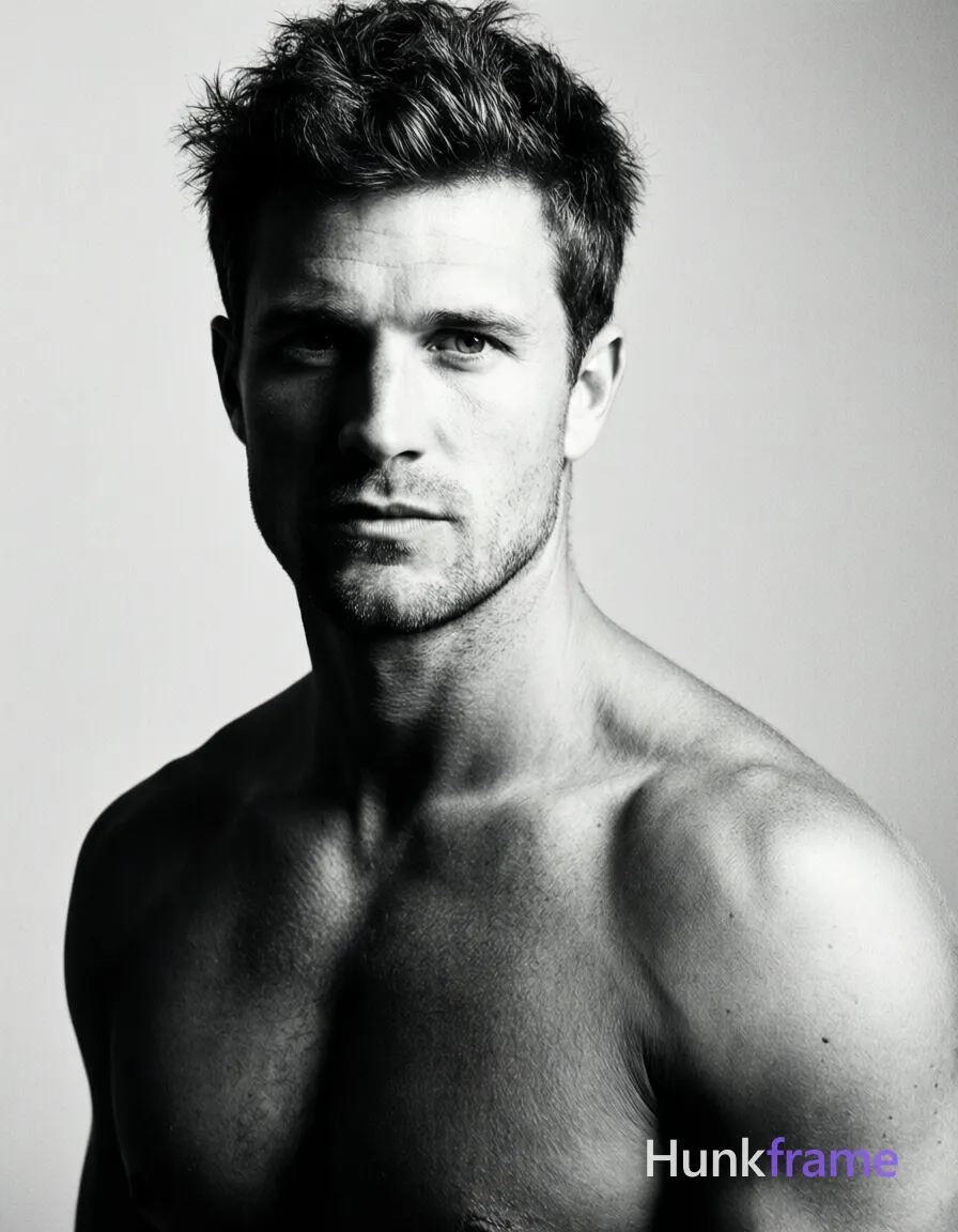 Caucasian man with short dark tousled hair, clean-shaven face, direct gaze and neutral mouth. Shirtless upper torso close-up portrait; slight body turn to viewer's left with right shoulder forward. Broad shoulders and defined pectorals fill the lower frame against a plain studio background. High-contrast fine-art photography with dramatic directional lighting from the right casting strong shadows on the left side of face and chest. Monochrome black-and-white palette, sculpted skin texture, intense masculine editorial mood., a single uninterrupted photograph only, no written words or typography anywhere in frame, no captions, no app UI, no social-media post layout, no screenshot borders