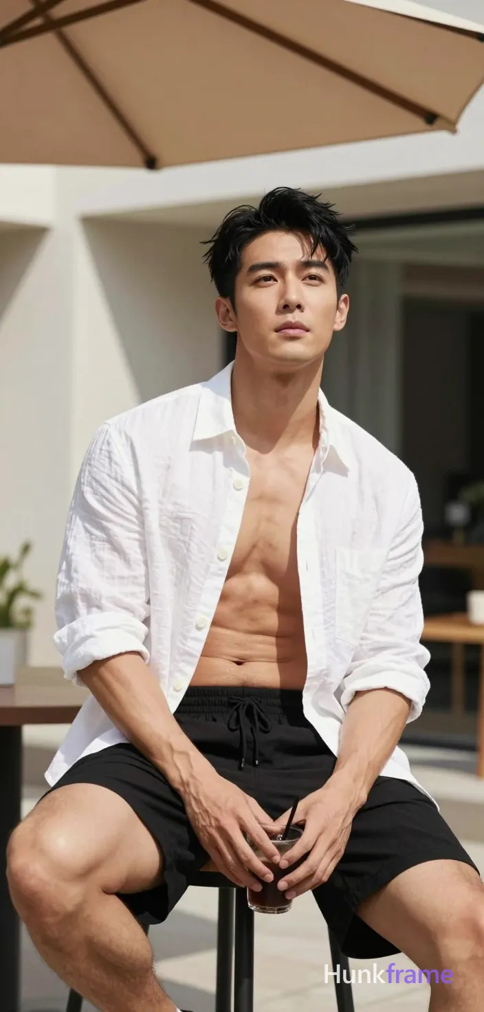 Asian man with light-medium skin and black short hair styled with volume, clean-shaven face looking upward right. Seated on high stool torso angled left holding dark drink between knees in white textured linen shirt unbuttoned at top revealing upper chest clavicles pectorals abdomen defined abs sleeves rolled wearing black drawstring shorts ending above knee weight shifted onto left leg broad shoulders thick thighs. Outdoor patio under beige awning casting soft shadows on white stucco wall modern building facade background right bright natural sunlight from upper left creating strong highlights shallow depth of field keeping subject sharply focused softly blurring architectural elements behind vertical phone-camera aesthetic head-to-thighs framing excluding feet entirely center-left composition occupies majority frame relaxed confidence sun-drenched leisure premium lifestyle editorial tone high-contrast outdoor lighting emphasizing muscle definition clean lines minimal background distractions typical of fashion photography, a single uninterrupted photograph only, no written words or typography anywhere in frame, no captions, no app UI, no social-media post layout, no screenshot borders